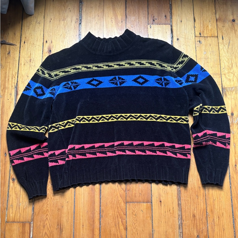 Women's Vintage  Black Sweater with Blue, Yellow, and Pink Patterns